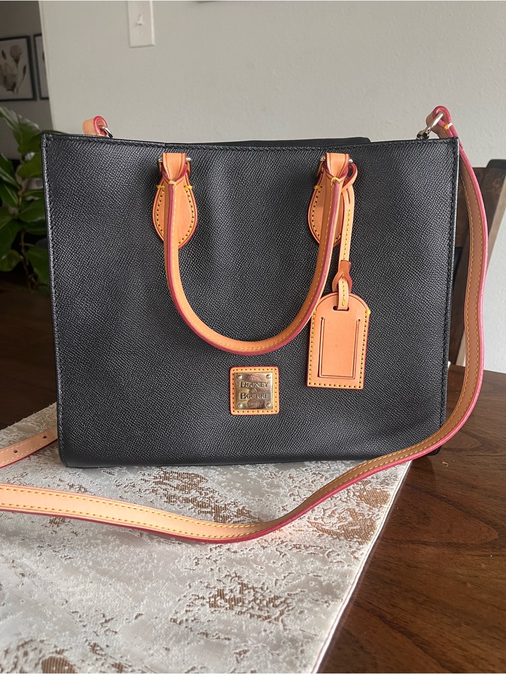Dooney & Bourke Black Leather Tote with Orange Trim and Pink Edge